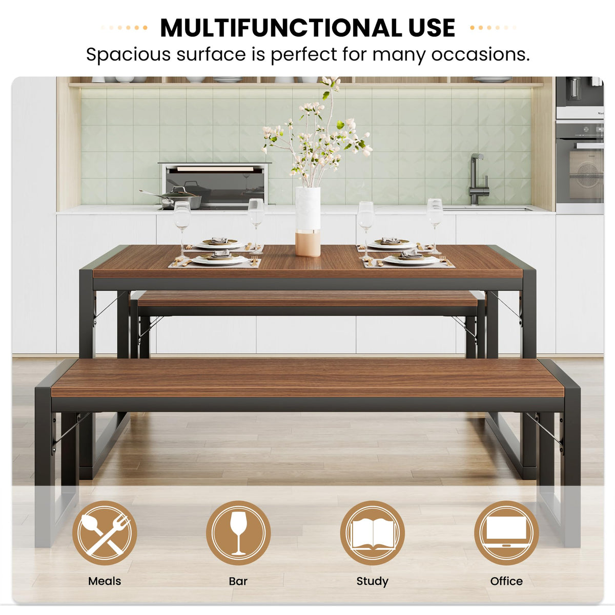 SHA CERLIN Kitchen Dining Table Set for 4 with Benches, Rustic Small Space Saving Dinette, Heavy Duty Metal Frame