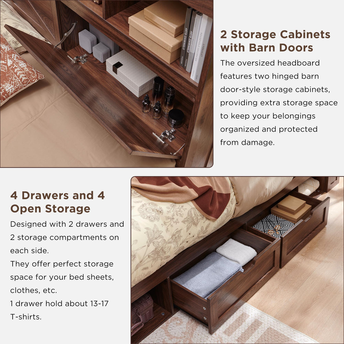 ACCOHOHO Queen Size Wood Bed Frame Farmhouse with 52" Tall Storage Bookcase Headboard, LED Light,Charging Station,4 Drawers and Solid Wood Slats Support,Noiseless,No Box Spring Needed - Brown
