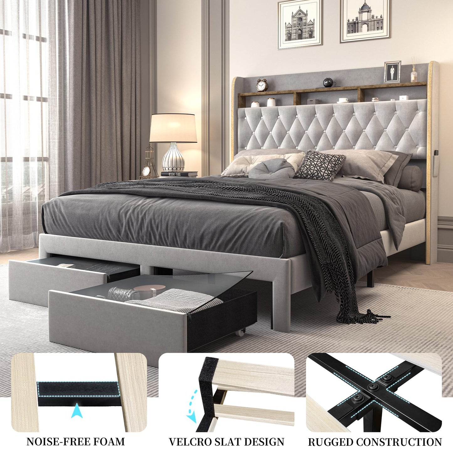 SIBEDS Queen LED Bed Frame with Storage Drawers, Velvet Upholstered Platform Beds with Galaxy Star Projector Charging Station Speaker, Aurora Bedframe with 2-Tier Storage Headboard, Noise-Free, Grey