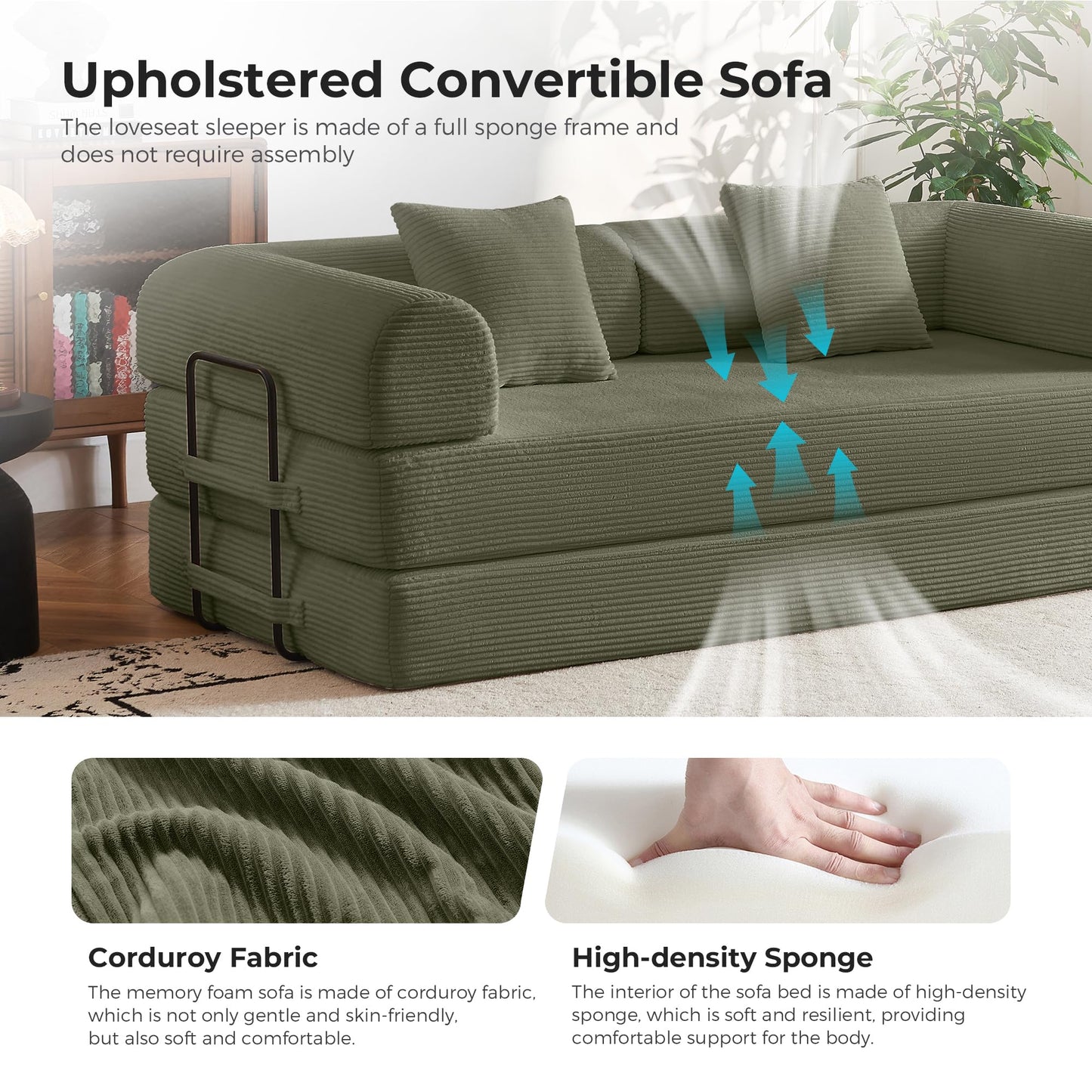 Bsxupke 79" Compression Sofa, Convertible Sleeper Sofa Bed, Couch Bed with Fixed-Shape Frame, Corduroy Floor Sofa, Couches for Living Room with 2 Pillows, No Assembly Required, Green