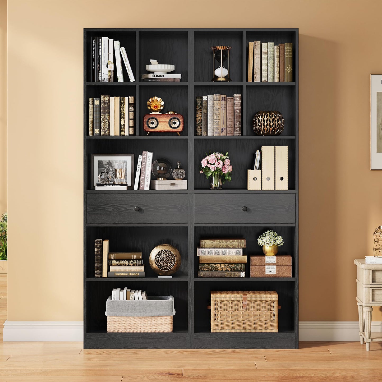 IRONCK Bookcase and Bookshelves, 70" Tall Bookshelf Floor Standing 6 Tiers Display Storage Shelves, Book Shelf with Drawers for Home Office, Living Room, Bedroom, Library, Black