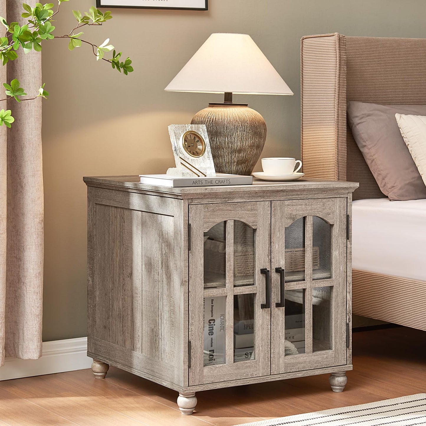 RWYHG Farmhouse End Table with Charging Station,24" Large Sofa Side Table with Glass Barn Door,Rustic Wood Night Stand with Adjustable Storage Shelf,Square Bedside Table for Living Room,Bedroom Office