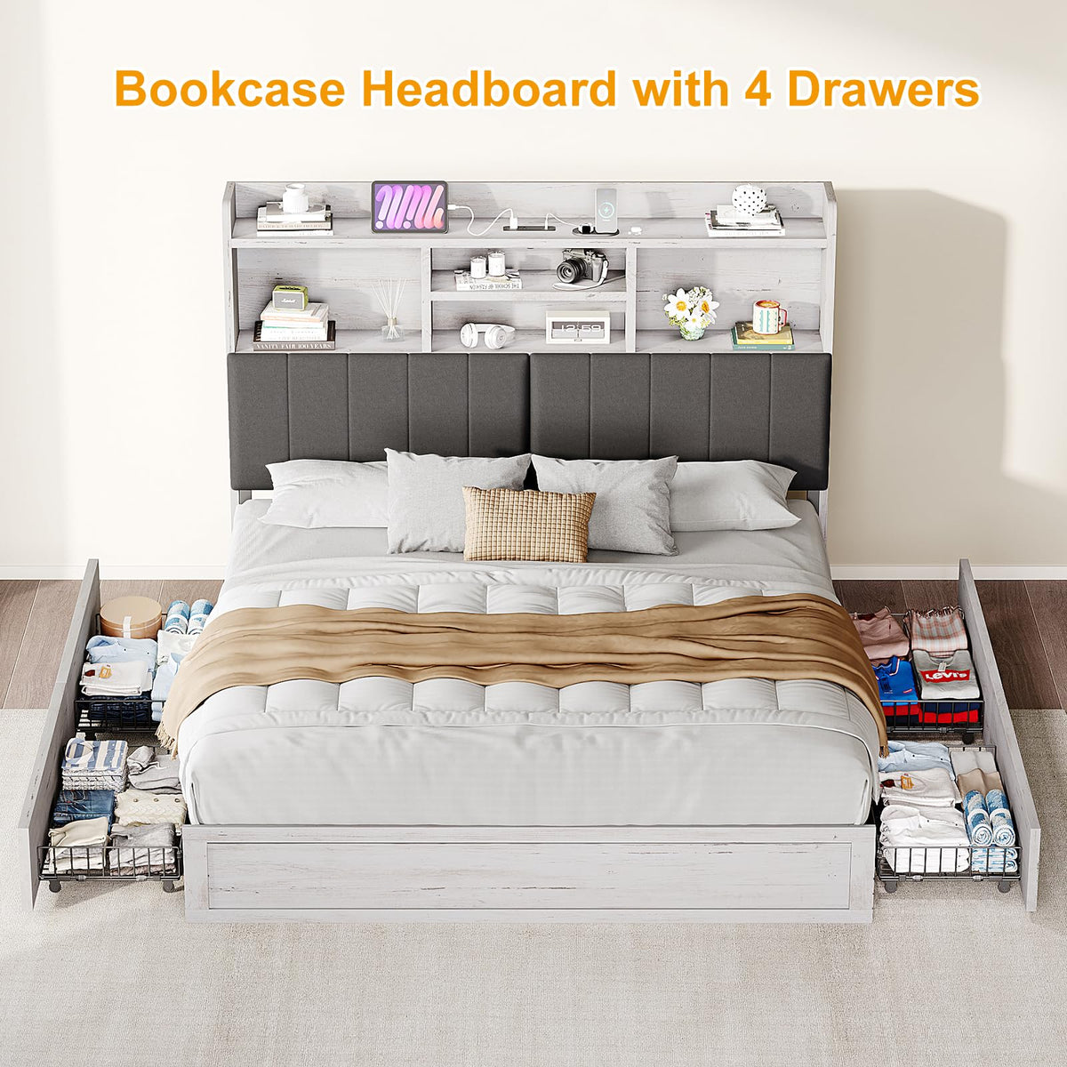 YUMPIE King Bed Frame with Bookcase Headboard, Farmhouse Upholstered Platform Bed with 4 Storage Drawers, LED Bed with Charging Station, Wood Slats Support, No Box Spring Needed, Distressed White