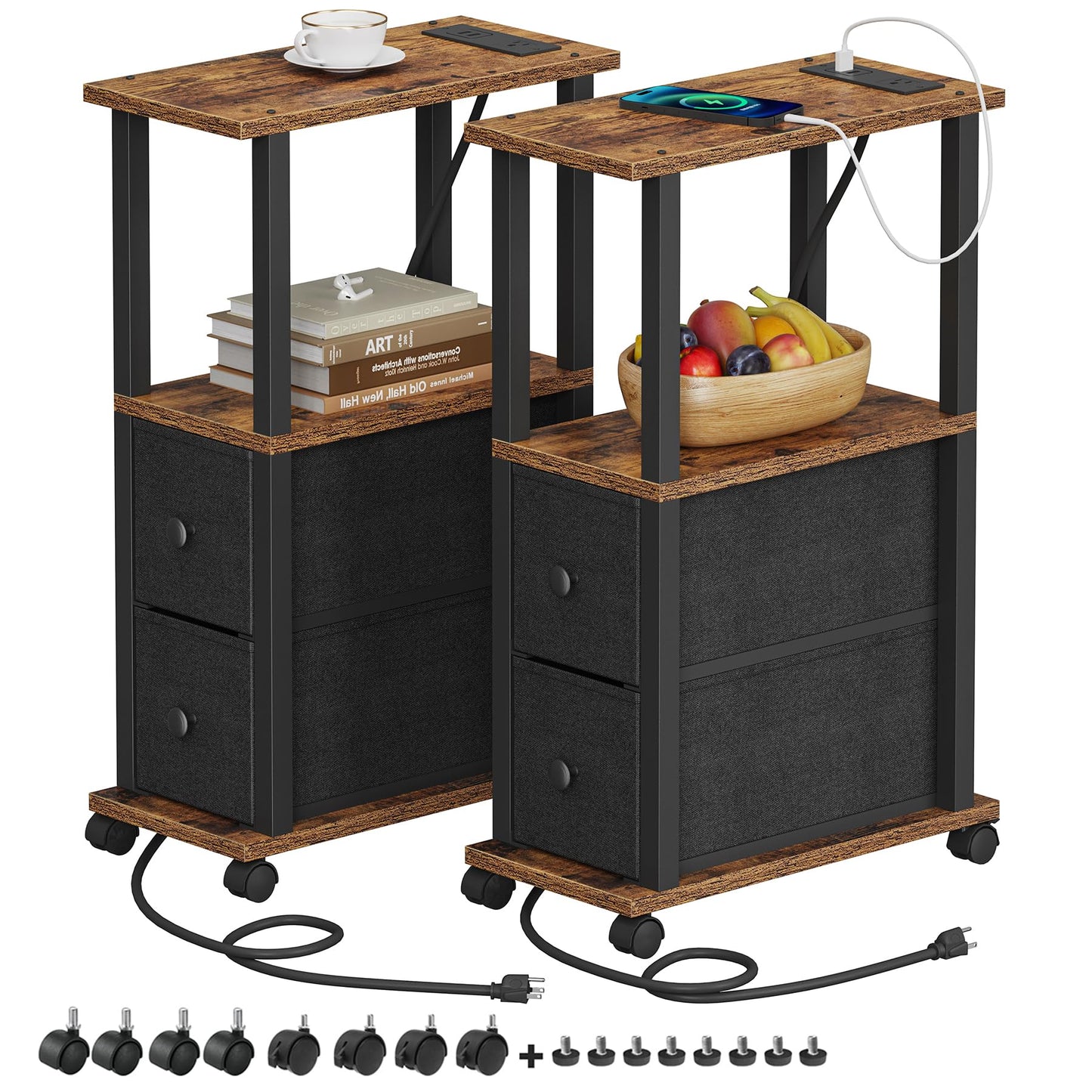 TUTOTAK Small Narrow End Tables, Side Tables with 2 Fabric Drawers, Set of 2, Bedside Tables with Charging Station for Small Spaces, Slim Nightstands with USB Ports and Wheels, TB01BB053