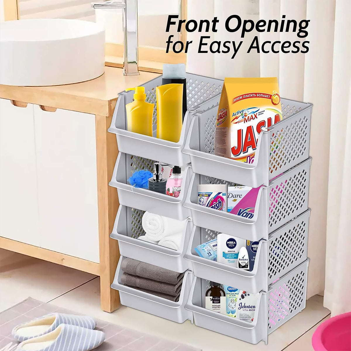 TidyFriend Stackable Storage Bins for Pantry, 4 Pack Stackable Bins For Organizing Food, Kitchen, and Bathroom Essentials (Light Grey)