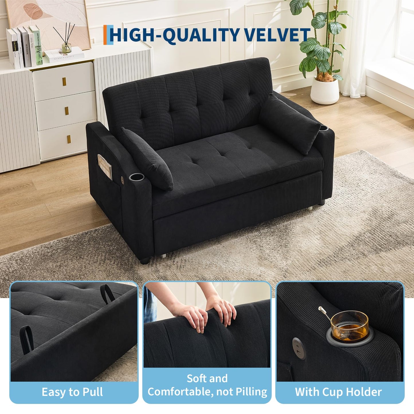 PeacefulHues Sofa Bed Couch, Futon Sleeper Couches with Pull Out Bed, USB Convertible Sofa Cama for Small Spaces, Living Room or Rv 3 in 1 Loveseat Furniture That Turns into Lounge Recliner