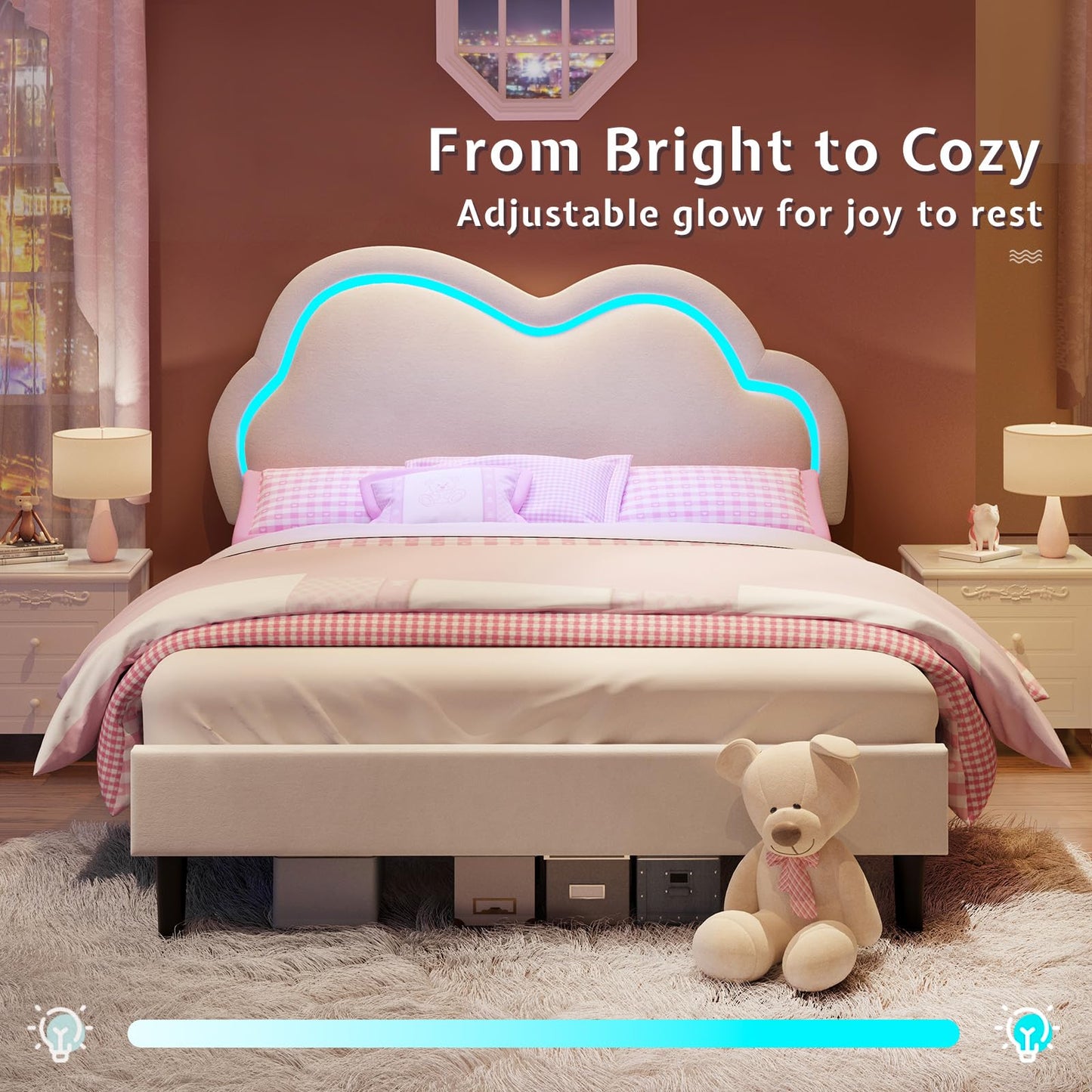 Jocisland Full Bed Frame for Girls with Adjustable Cloud Headboard, Velvet Upholstered & RGB Lights, 7.1" Underbed Storage, No Box Spring Needed, Cream