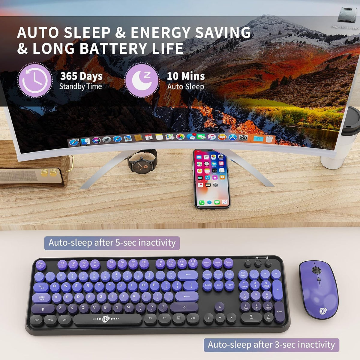 Wireless Keyboard and Mouse Combo,Retro Typewriter Style Round Keys,Purple