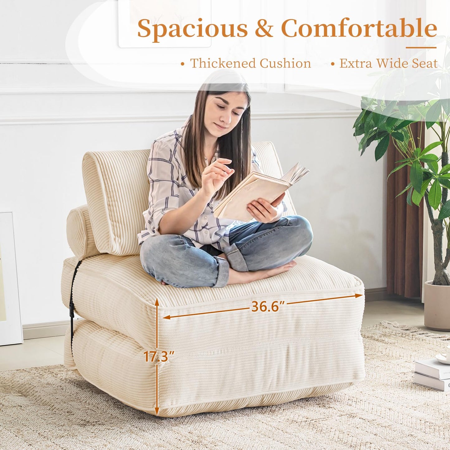 Furnimart Twin Size Folding Sofa Bed, 3 in 1 Convertible Sleeper Chair, Modern Single Sofa Lounge Chair, Small Pull Out Sleep Bed, Floor Futon Couch for Living Room, Corduroy Beige