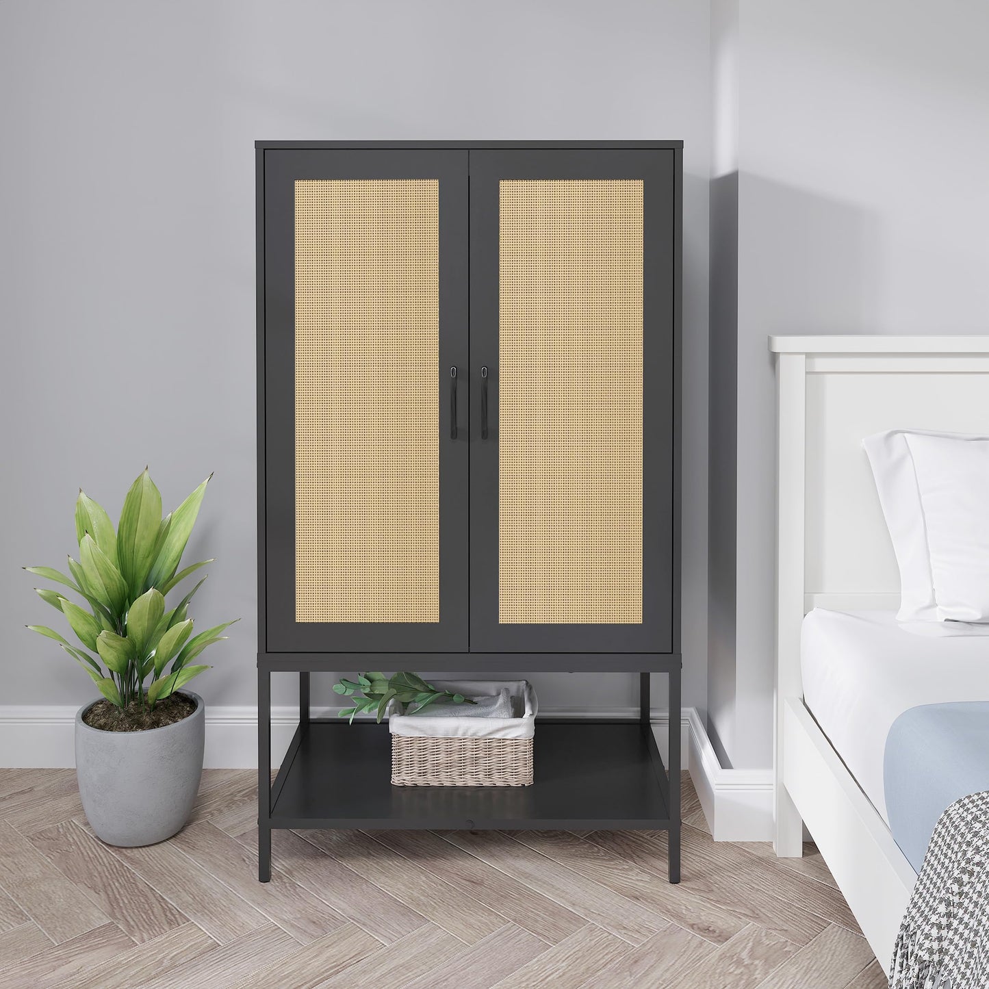 Gyger Wardrobe Closet with 2 Doors，Rattan Bedroom Armoires with Hanging Rod Freestanding Wooden Wardrobe Cabinet with Shelves,Black