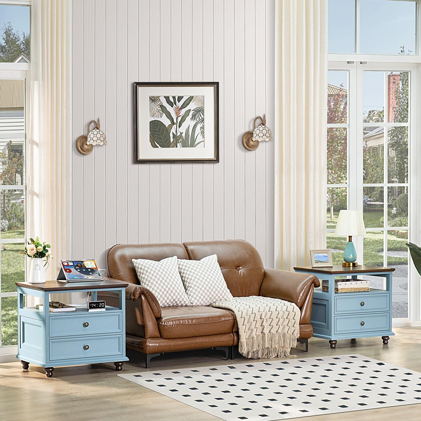 Joaxswe Farmhouse Nightstand with Charging Station, 24" Wide End Table with 2 Drawers, Light Blue Dresser for Bedroom,Wood Bed Side Table Chest of Drawers Cabinet,Night Stand for Living Room,Closet