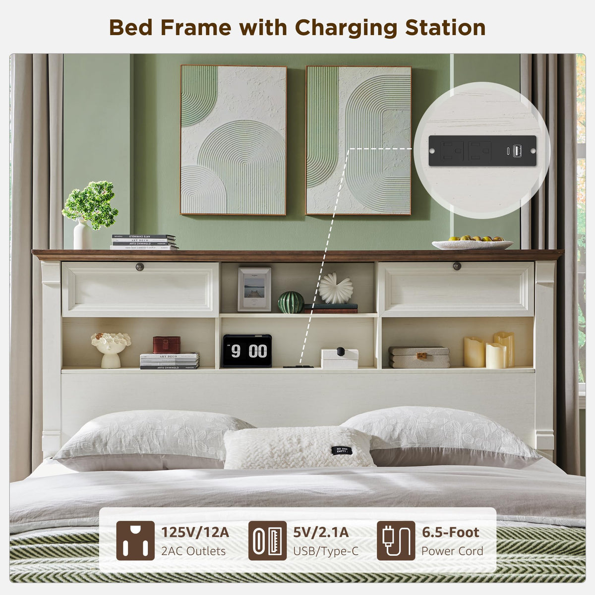 Farmhouse Queen Size Bed Frame with 54" Tall Storage Bookcase Headboard, Wood Platform Bed Frame with 2 Drawers & 18" Tall Roman Column Decoration Footboard, No Box Spring Needed(Antique White)
