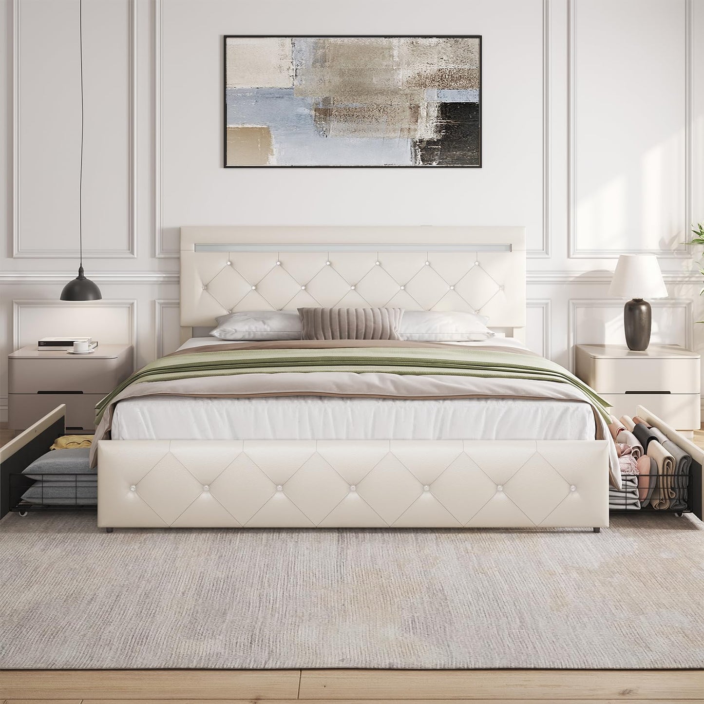 Benevika Full Size Bed Frame with 4 Drawers and LED Light, Charge Station, PU Leather Upholstered Platform Storage Bed with Adjustable Headboard, Wooden Slats Support, No Box Spring Needed, White