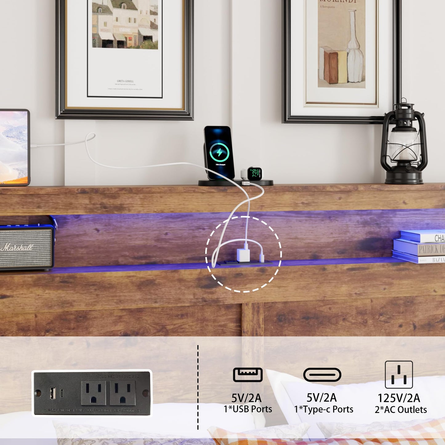 FSTAR King Size Wooden Bed Frame with Headboard, Farmhouse Bedframe with Charging Station & Led Lights, Heavy Duty Metal Slats, Noise Free, No Box Spring Needed, Dark Brown