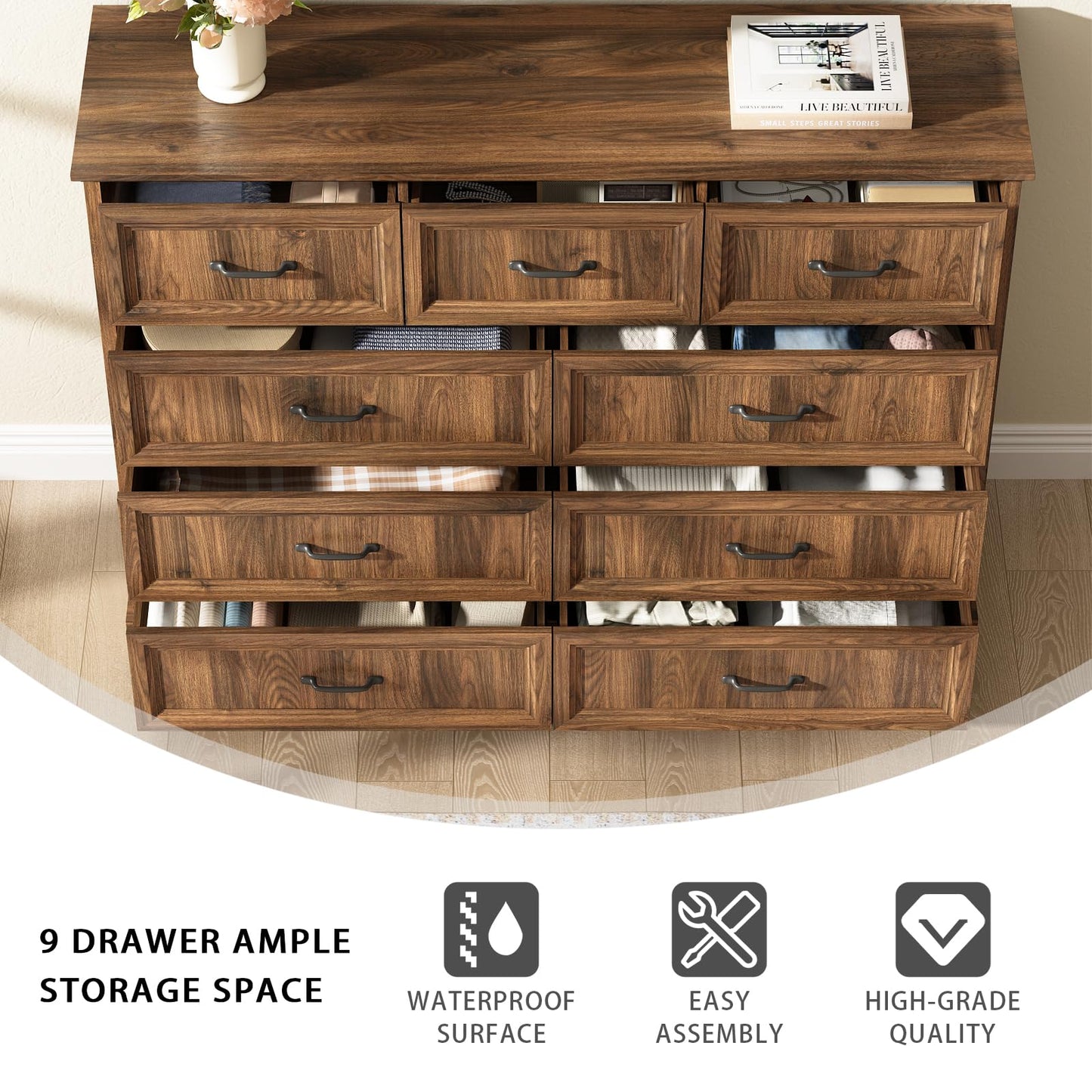 Farmhouse 9 Drawer Dresser for Bedroom, 55 Inch Wide Modern Walnut Dresser TV Stand with Large Drawers & Bar Handles, Rustic Wood Chest of Drawers for Bedroom, Living Room, Hallway, Entryway.
