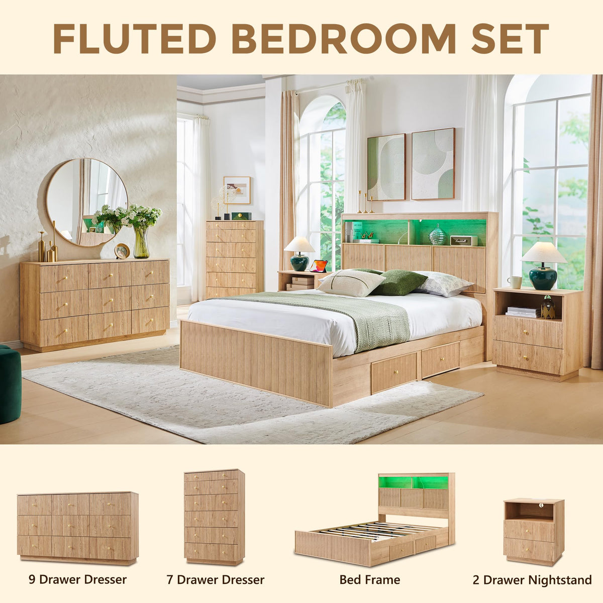 Fluted Queen Size Bed Frame with 50" Tall Storage Headboard with 4 Drawers,Wooden Platform Bed Frame with LED Lights/Storage Headboard Charging Station Easy Assembly/No Box Spring Needed/Natural