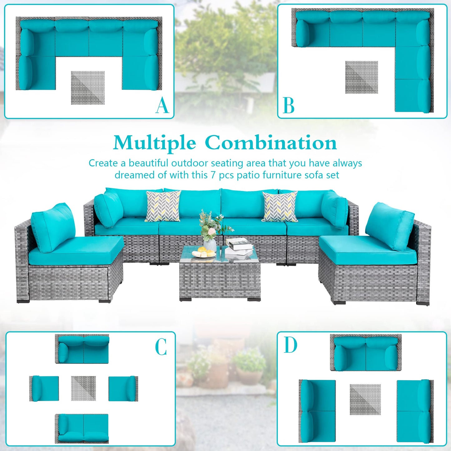 JAMFLY Wicker Patio Furniture 7 Pieces Conversation Sets, Outdoor Rattan Patio Sofa Porch Furniture Set with Washable Cushions and Glass Coffee Table (Light Blue)