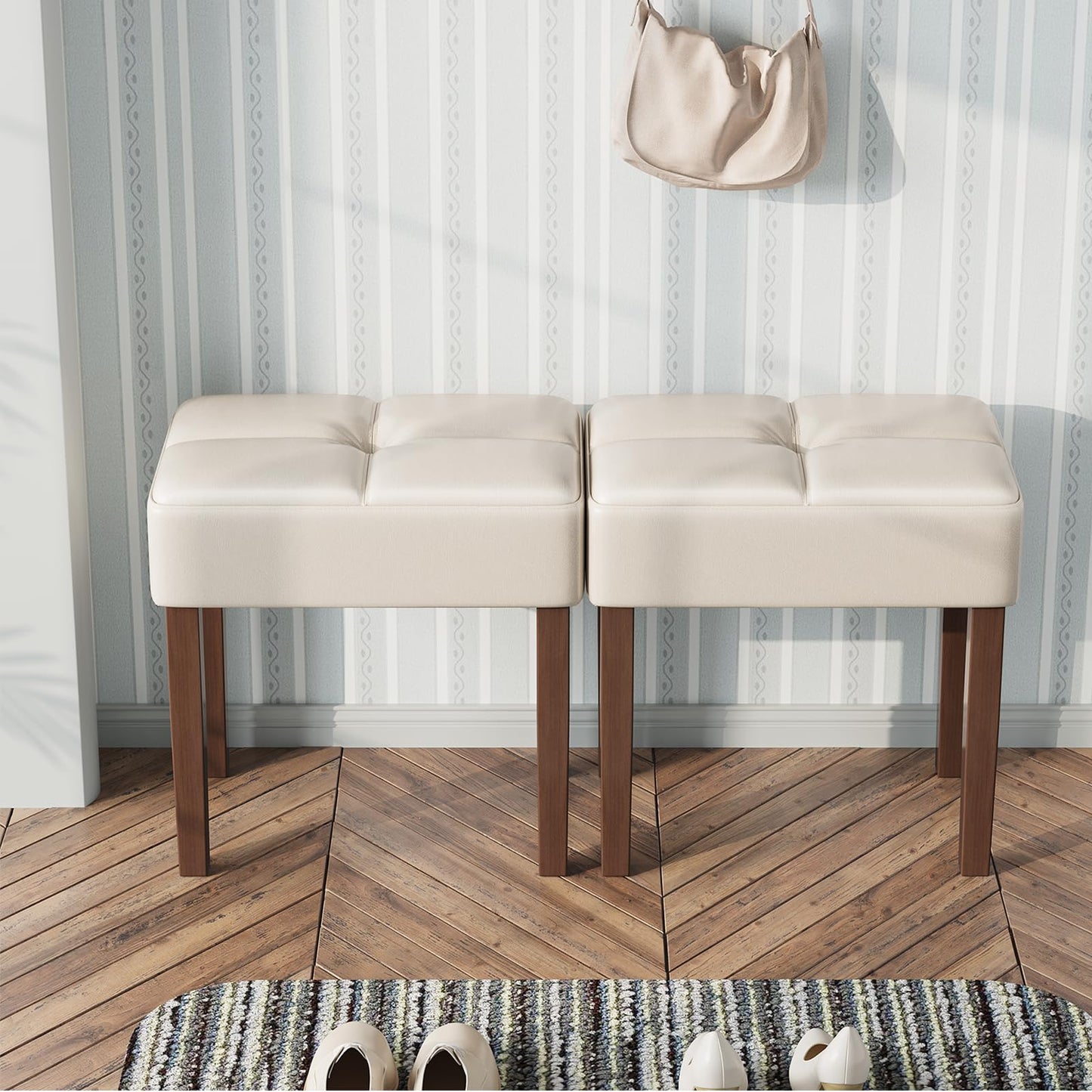 EOSVALO Leather Vanity Stool, 18.7 Inch Wide Rectangle Ottoman Bench for Makeup Room, Vanity Chair with Wood Legs for Piano Room, Bedroom,Living Room with Customizable (Cream)
