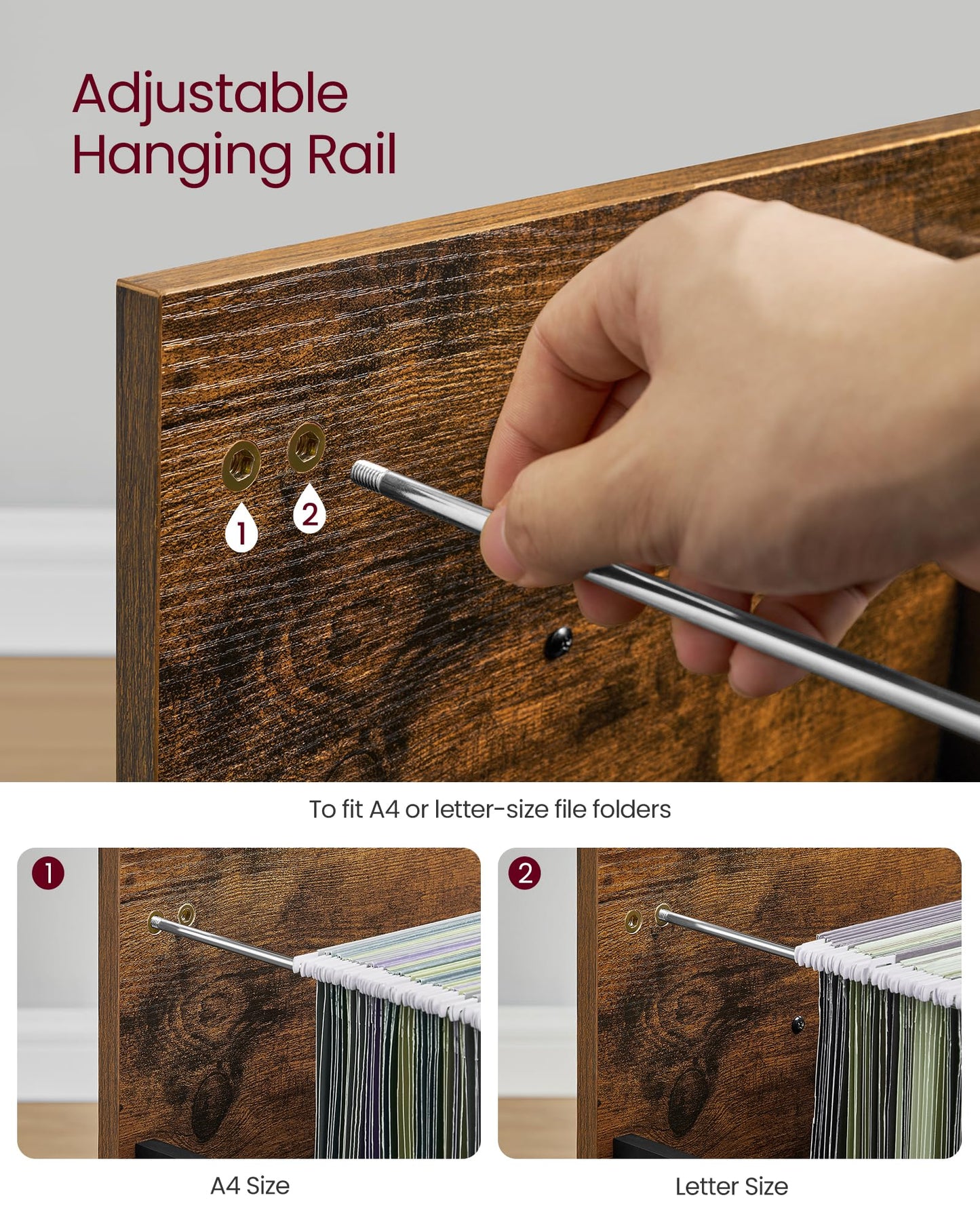 VASAGLE File Cabinet, 3 Drawers Filing Cabinet for Home Office, with Wheels, for A4, Letter Sized Documents, Hanging File Folders, Rustic Brown and Ink Black UOFC065B01