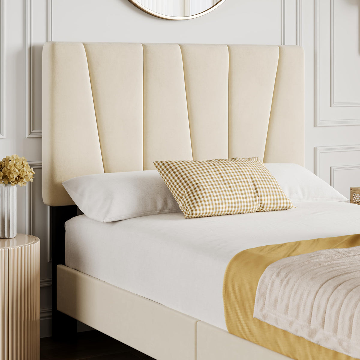 GarveeHome Bed Frame with Headboard Adjustable, Velvet Upholstered Tufted Platform Bedframe No Box Spring Needed (Beige(Velvety Matte Finish), Twin)