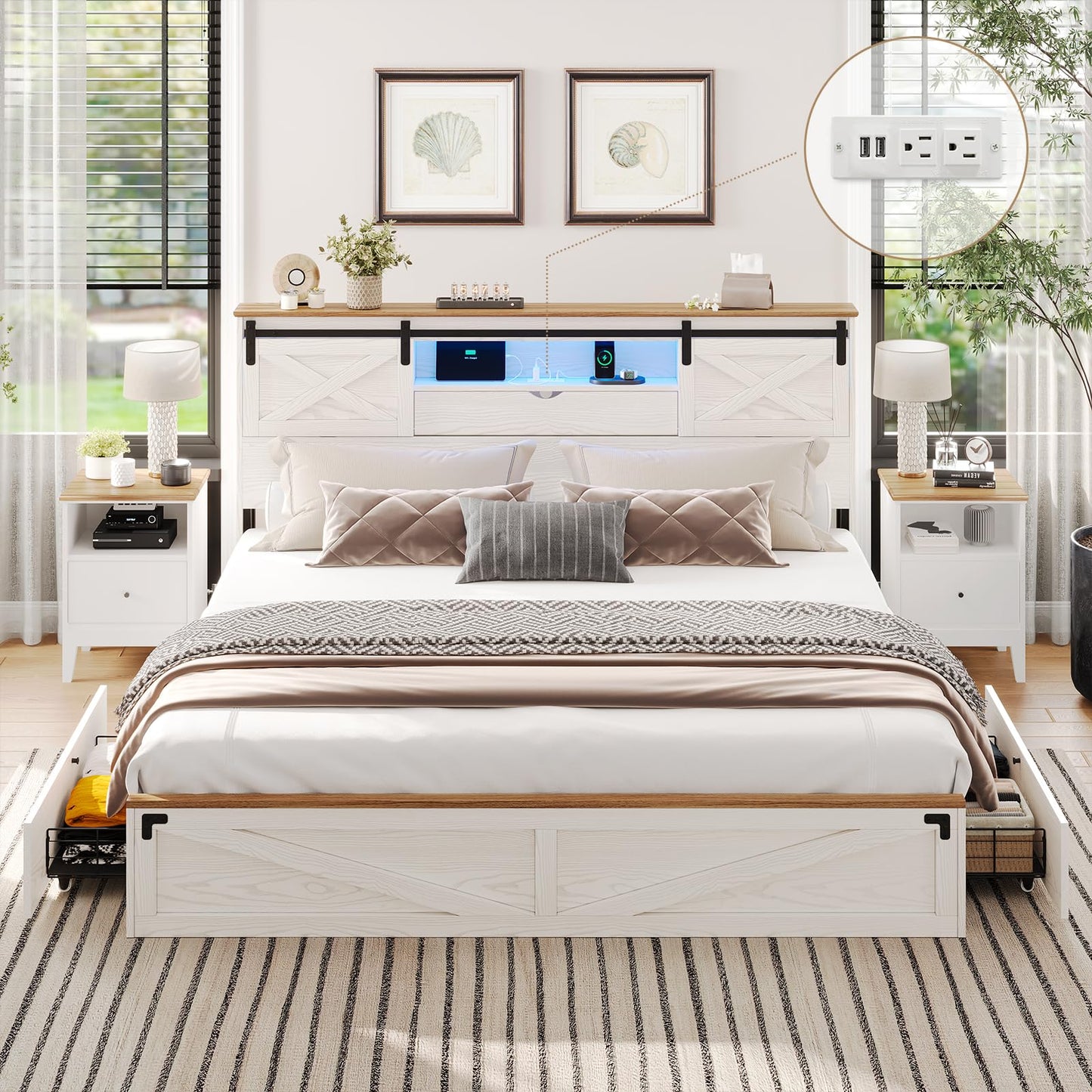 Hasuit Farmhouse Bed Frame King Size with Storage Bookcase Headboard, Wooden King Bed with LED Lights, Charging Station, 2 Drawers, Country Rustic Bed Frame with Sliding Barn Door