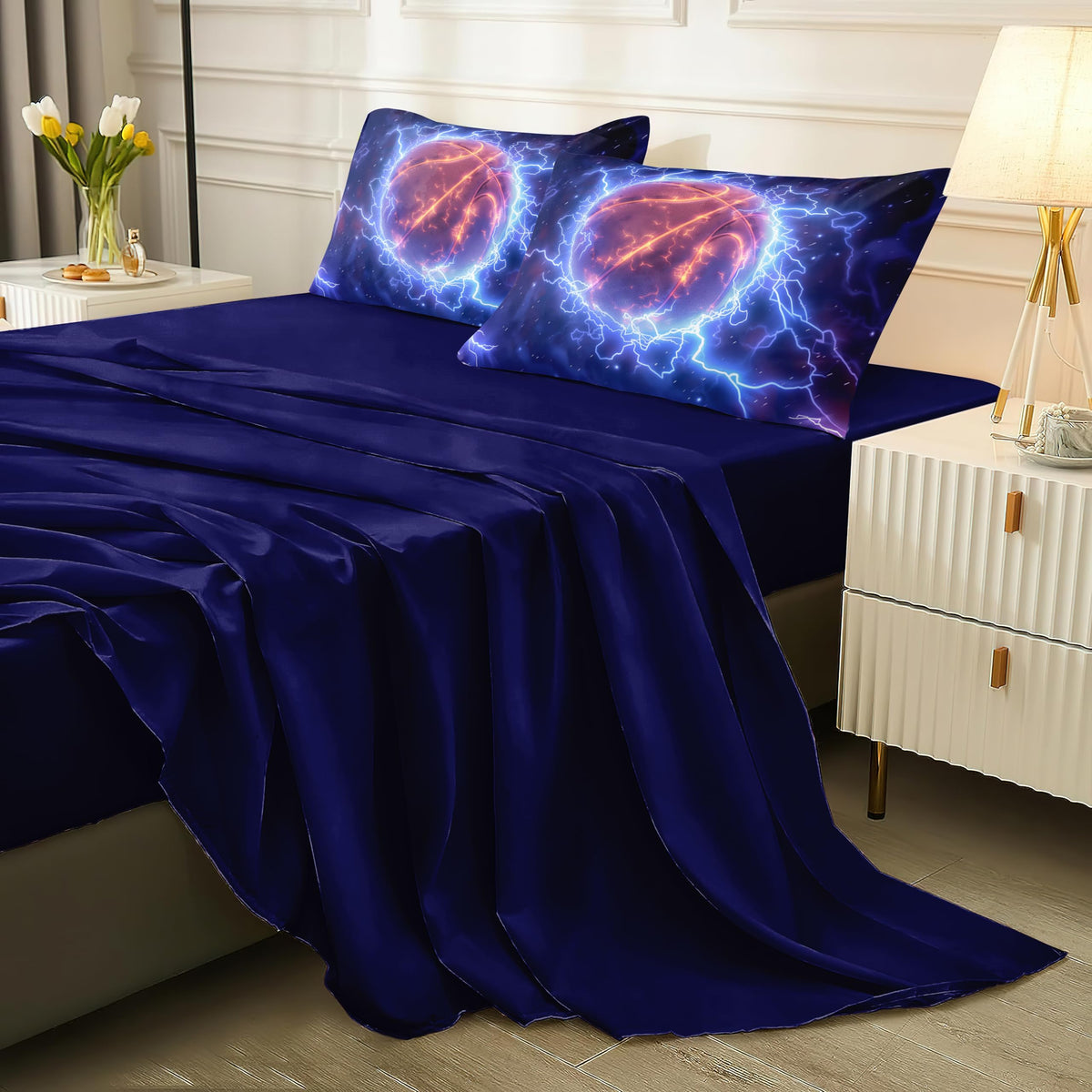 Helloosun 5PCS Basketball Comforter Set Twin,Sports Bedding Sets for Boys,Twin Comforter Sets for Boys,Blue Lightning Basketball Bedding Set with Sheets
