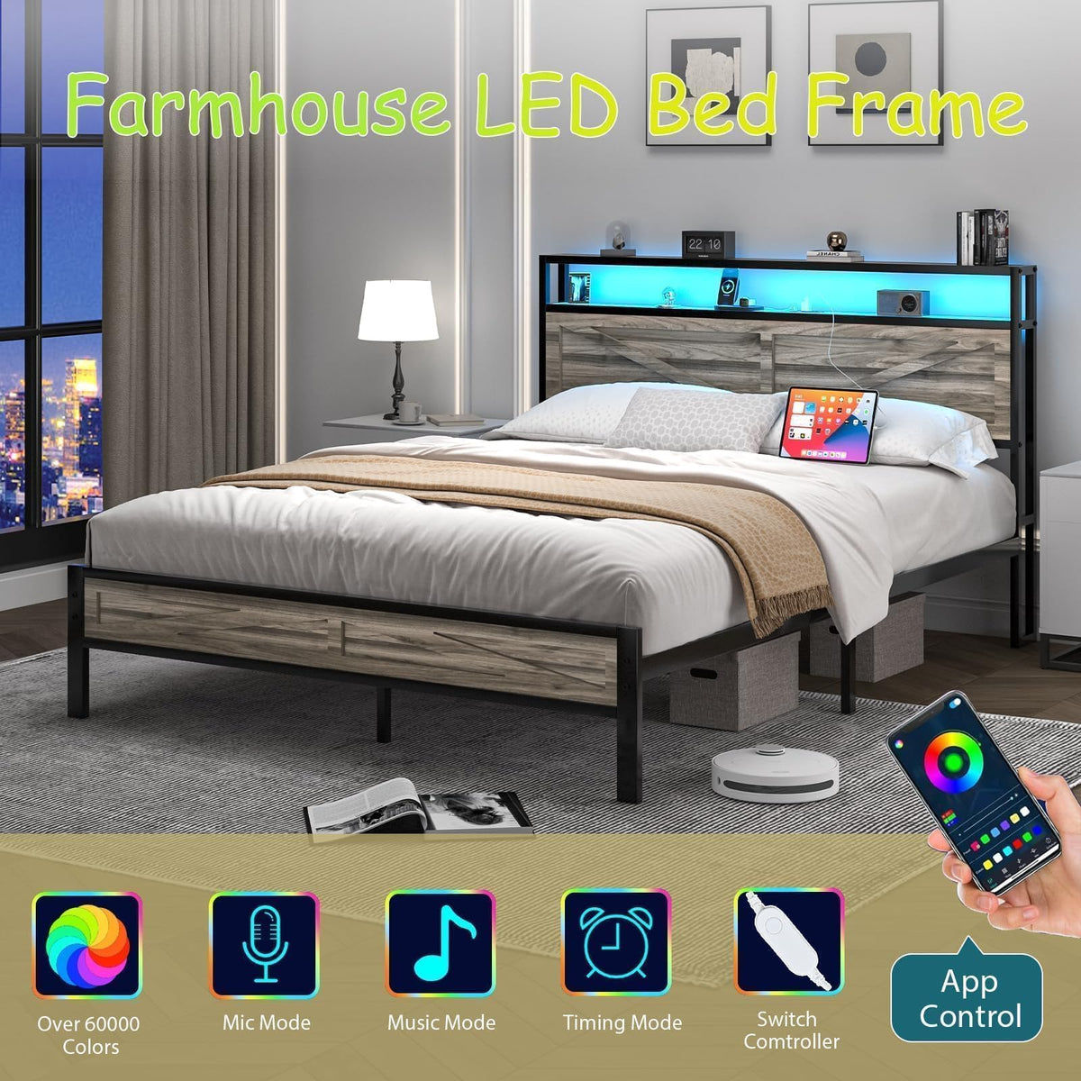 Full Size Bed Frame with LED Lights and Charging Station, Metal Platform Bed Frame Full with Storage and Rustic Barn Door Headboard, Noise Free, No Box Spring Needed, Easy Assembly, Wash Grey