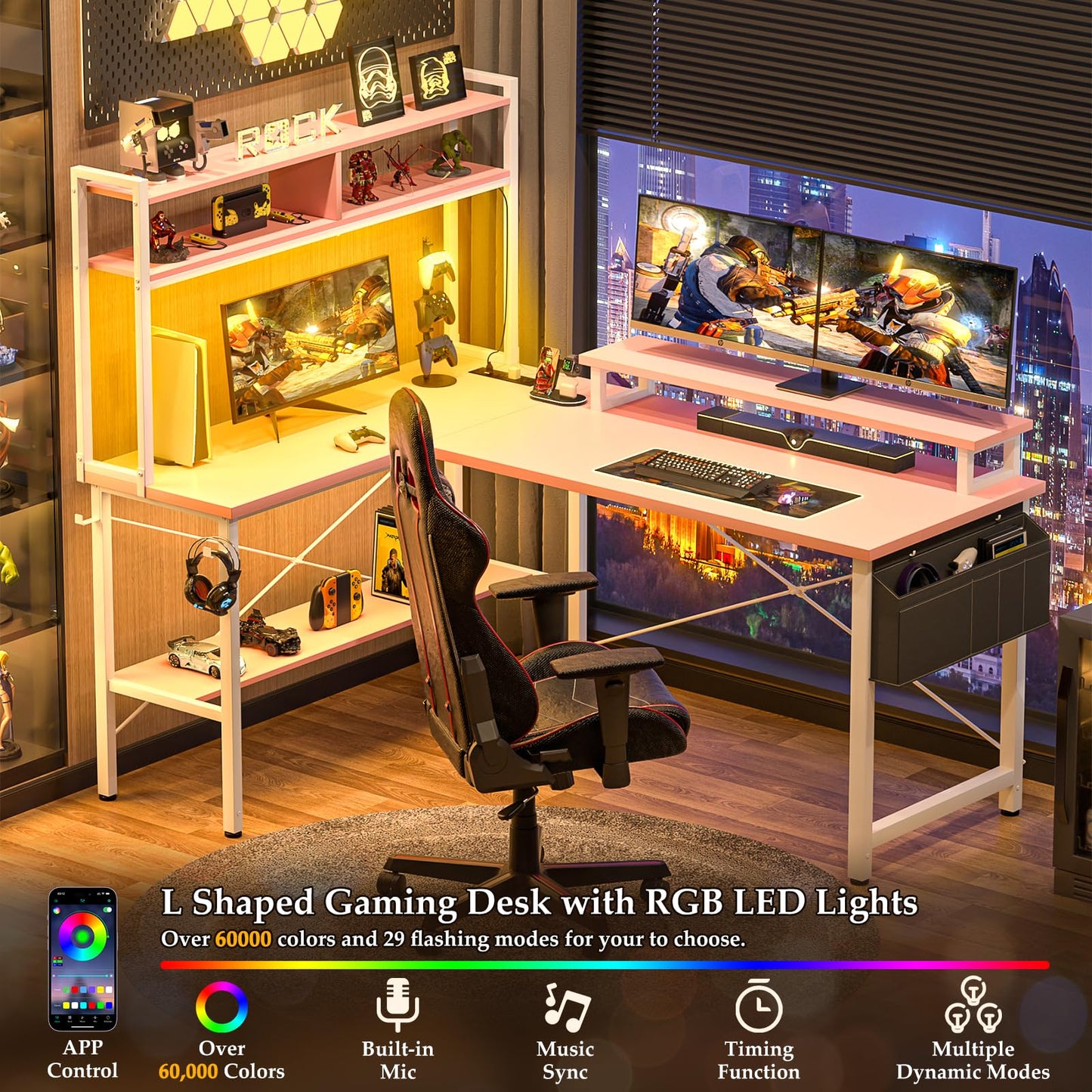 Aheaplus L Shaped Gaming Desk with Power Outlets & LED Lights, Small L- Shaped Desk Computer Corner Desk with Monitor Stand & Storage Shelf, Home Office Desk Writing Desk with Storage Bag, Pink