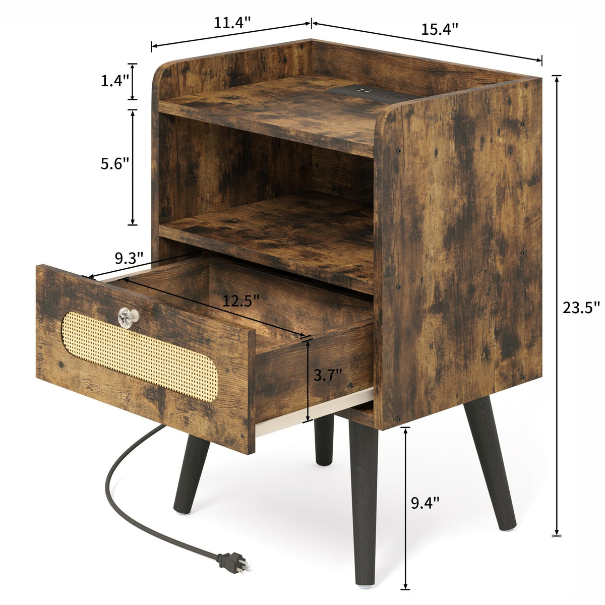 AGDULL End Table with Diamond Handle, Nightstand/Bedside Table with Charging Station, Rustic Brown