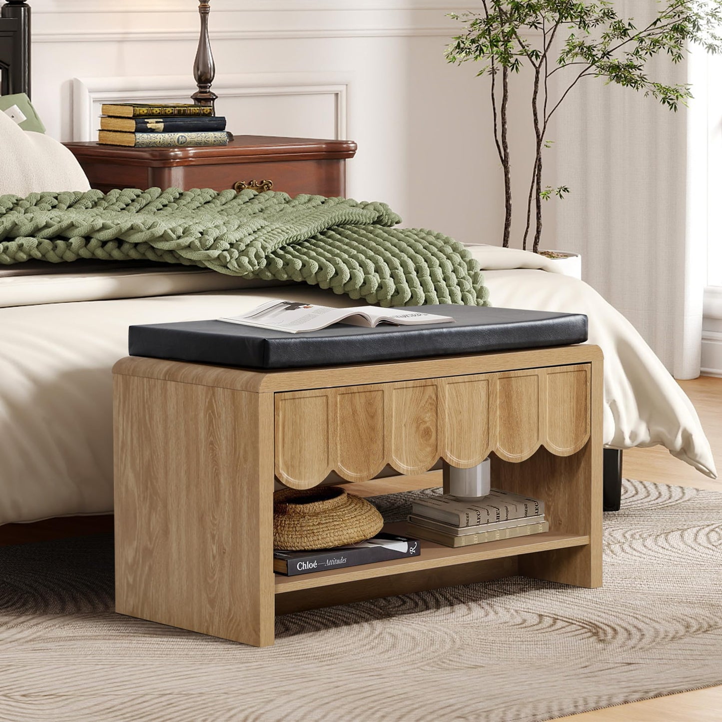 Shoe Storage Bench with Cushion, Shoe Rack Organizer Cabinet Bench with Wave Panel Drawer and Open Shelf for Entryway, Hallway, Living Room (Natural)