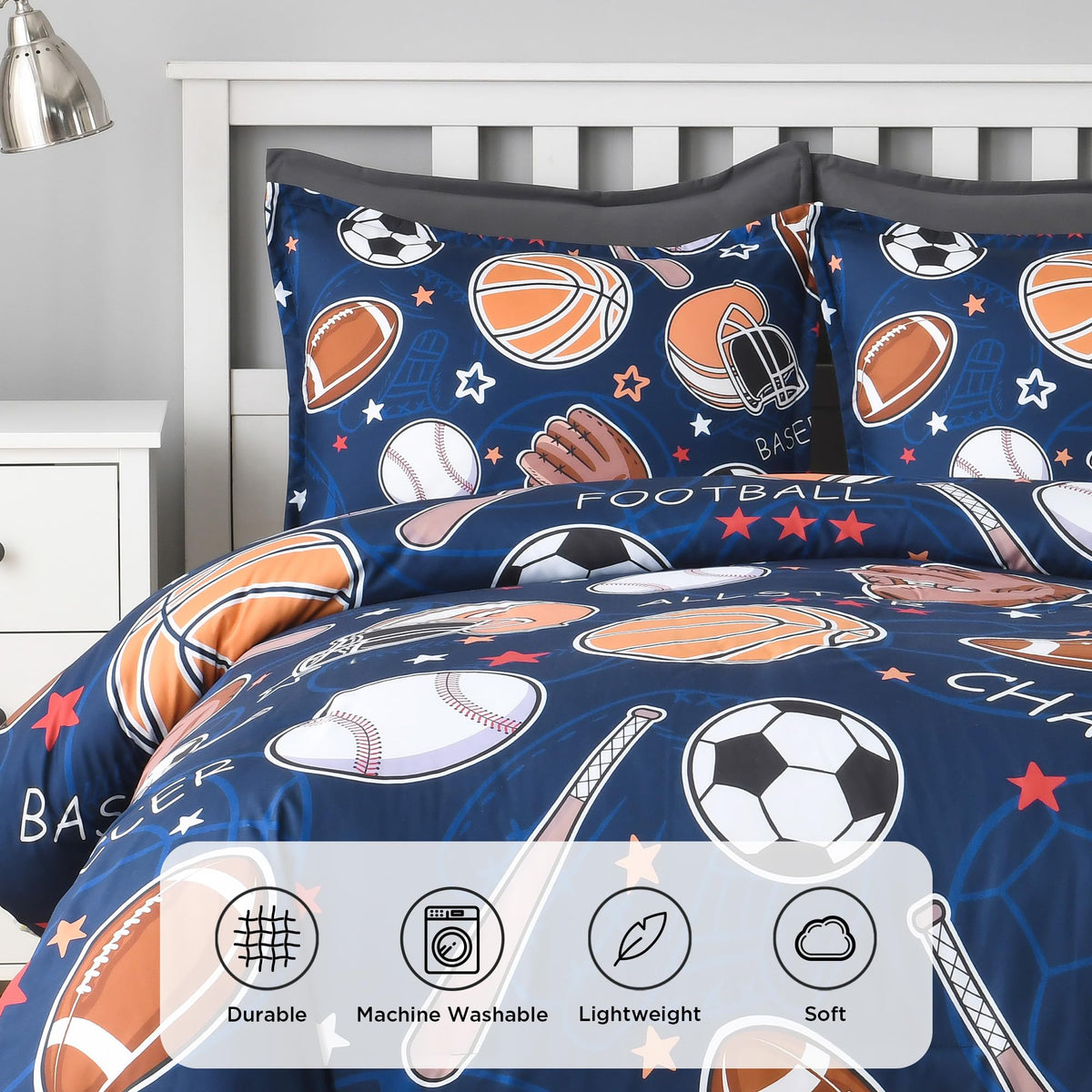 Andency Cartoon Ball Games Comforter Queen(90x90 Inch), 3 Pieces(1 Comforter, 2 Pillowcases) Soccer Basketball Baseball Football Comforter Set Sport Microfiber Bedding Set for Boys Girls Kids Teens