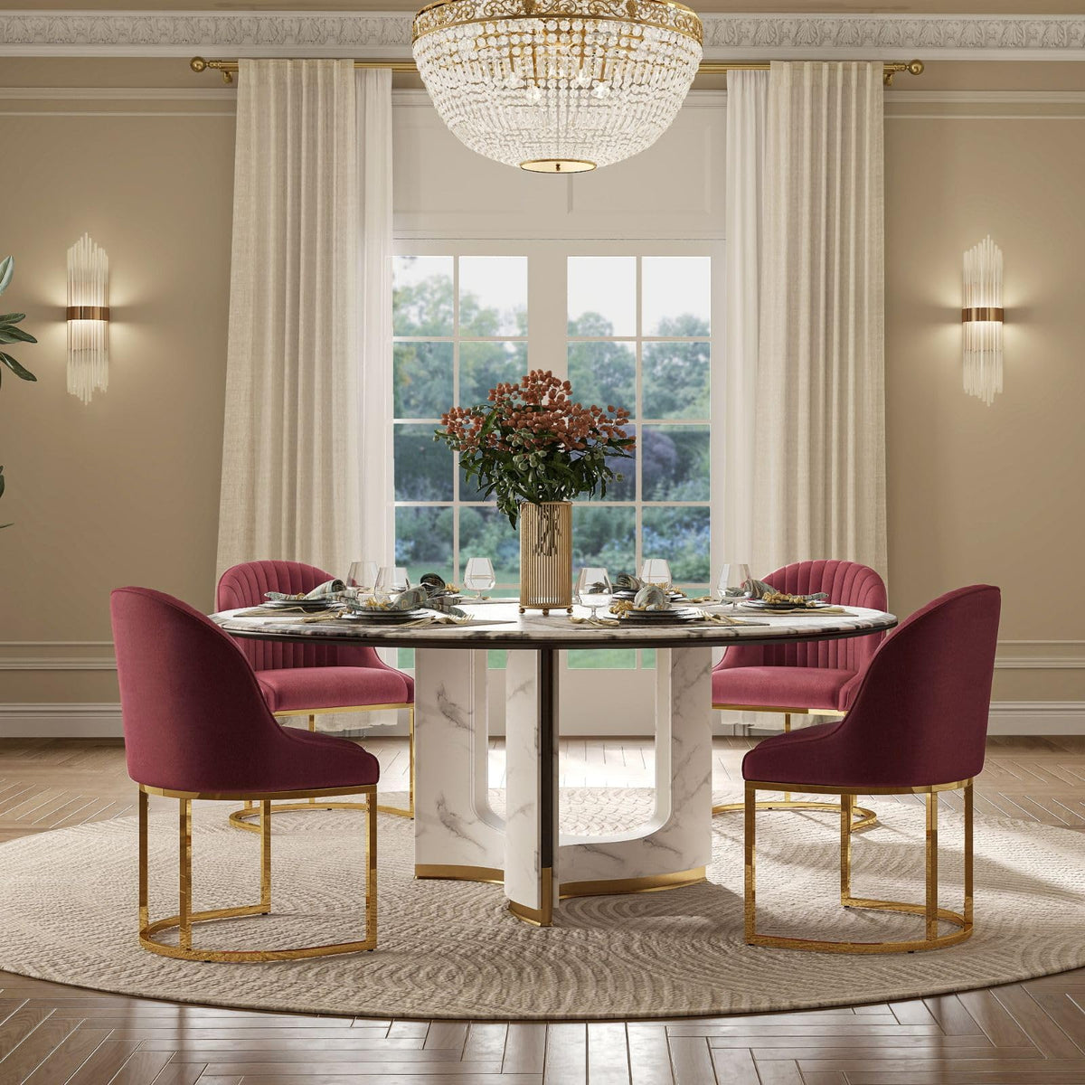 ChicAura Velvet Dining Chairs Set of 4, Modern Barrel Dinning Room Chairs with Golden Frame Upholstered Kitchen Chair Armless Accent Side Chair for Living Room/Kitchen/Dining Room/Hotel, Red