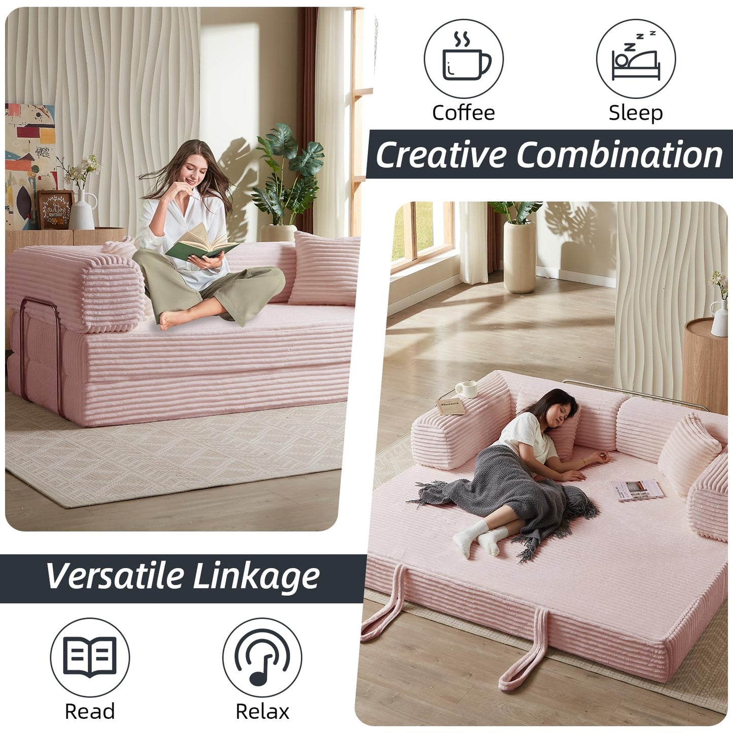 HUAYICUN 4-in-1 Convertible Folding Sleeper Sofa Bed, Plush Corduroy Foldable Mattress Couch with Fixed-Shape Frame, Floor Compressed Sofa for Living Room, Bedroom (Pink)