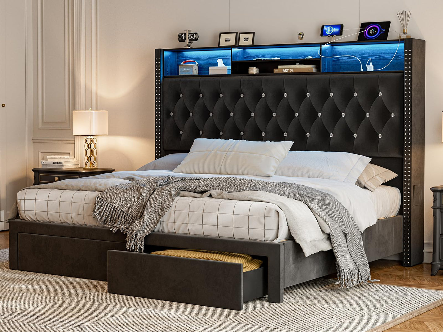CIKUNASI Upholstered King Size Bed Frame with Headboard and Storage, 60“Tall Bed Frame with 2 Drawers, Tufted Wingback Bed Frame King Size LED Light, Charging Station, No Box Spring Needed