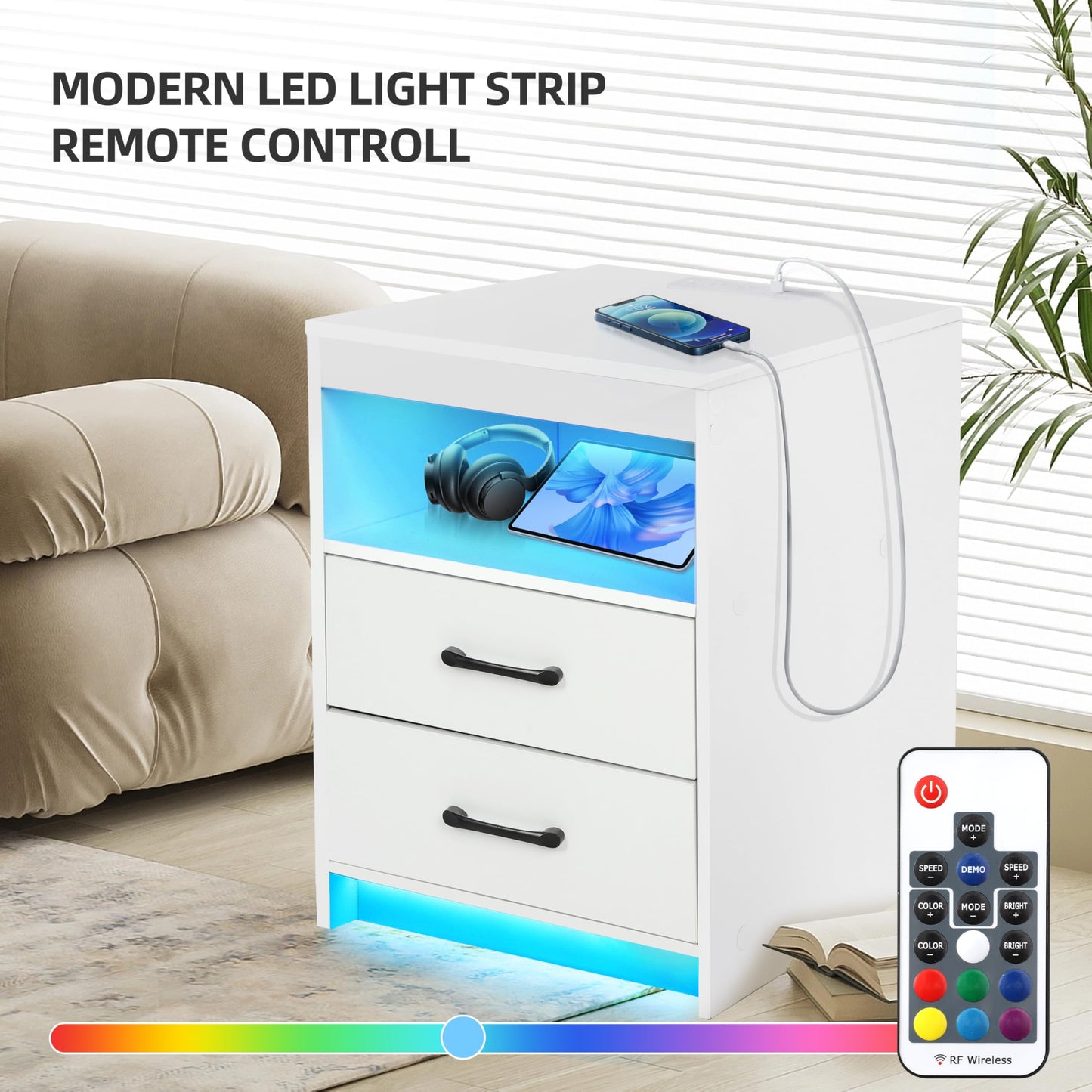 ansefe Nightstand with Charging Station and LED Lights, Bedside Table with 2 Drawers and Open Shelves, Modern End Side Table,White