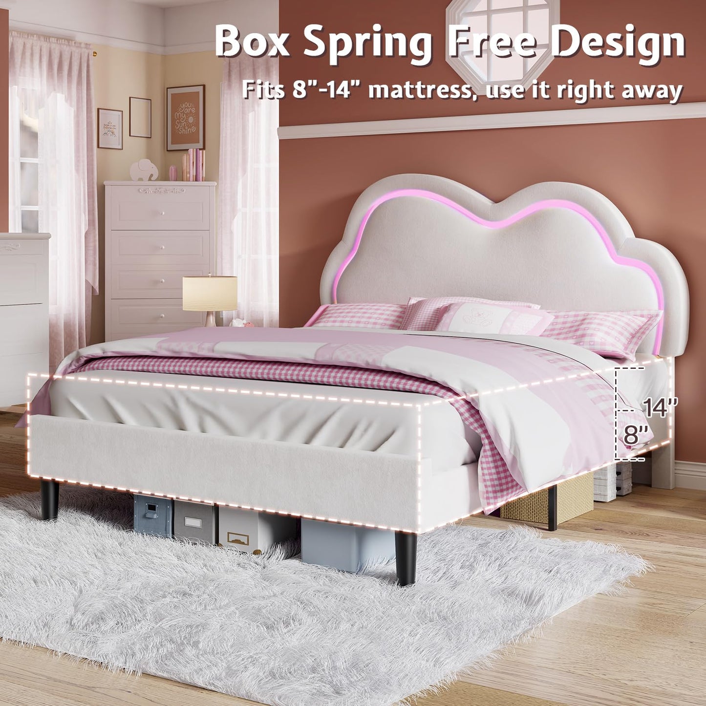 Jocisland Full Bed Frame for Girls with Adjustable Cloud Headboard, Velvet Upholstered & RGB Lights, 7.1" Underbed Storage, No Box Spring Needed, Cream