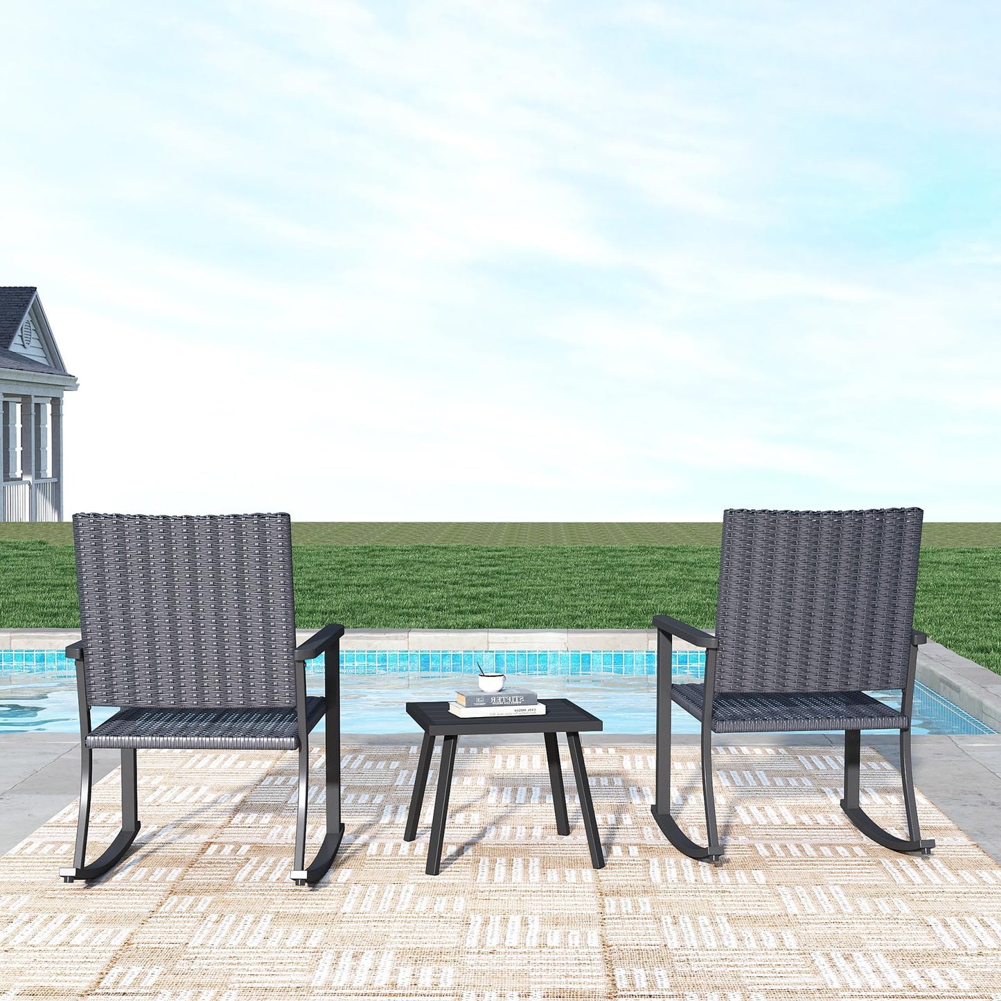 C-Hopetree Outdoor Rocking Chair, Outside Patio Porch Rocker, Metal Frame, Black All Weather Wicker