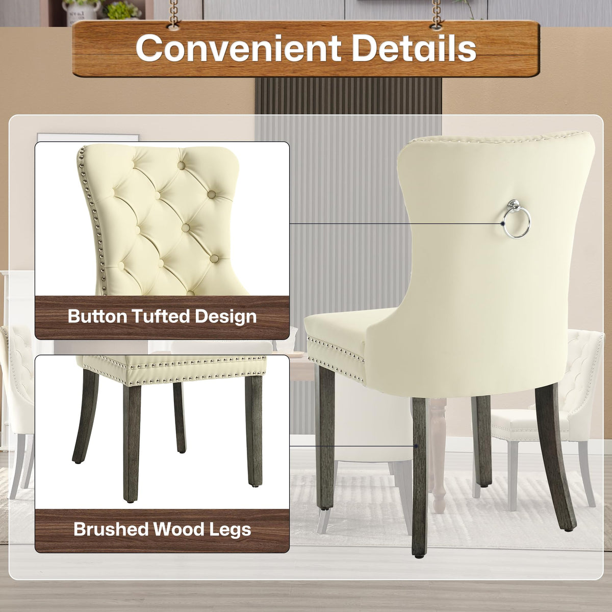GOOLON PU Leather Dining Chairs Set of 2, Upholstered Button Tufted Dining Room Chairs with Rivet Trim Metal Pull Ring Wood Legs for Kitchen, Restaurant, Beige