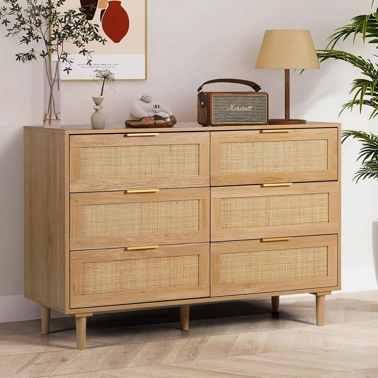 FUQARHY 6 Drawer Dresser Rattan Dresser Modern Chest with Drawers,Wood Storage Closet Dressers Chest of Drawers for Bedroom,Living Room,Hallway (Natural)