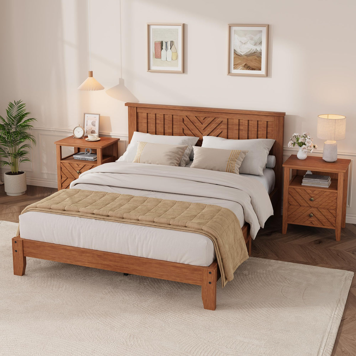 SLEKVERSA Wooden Platform Bed Frame with Headboard, Queen Size Mattress Foundation with Wooden Slat Support, No Box Spring Needed, Easy Assembly, Light Brown