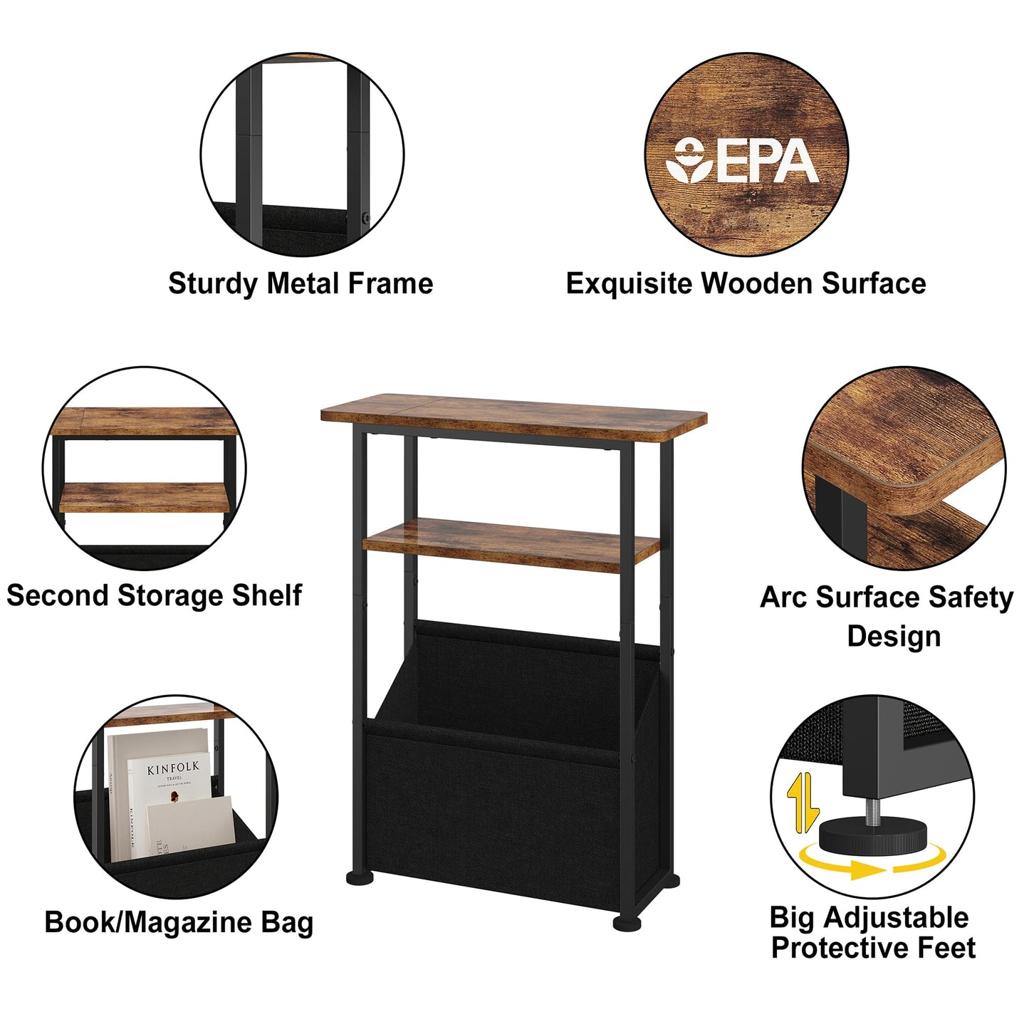 Yusong Narrow Side Table for Small Spaces, Skinny End Table with Storage Basket, 3 Tier Slim Sofa Couch Bedside Table, Thin Nightstand for Bedroom, Living Room, Rustic Brown