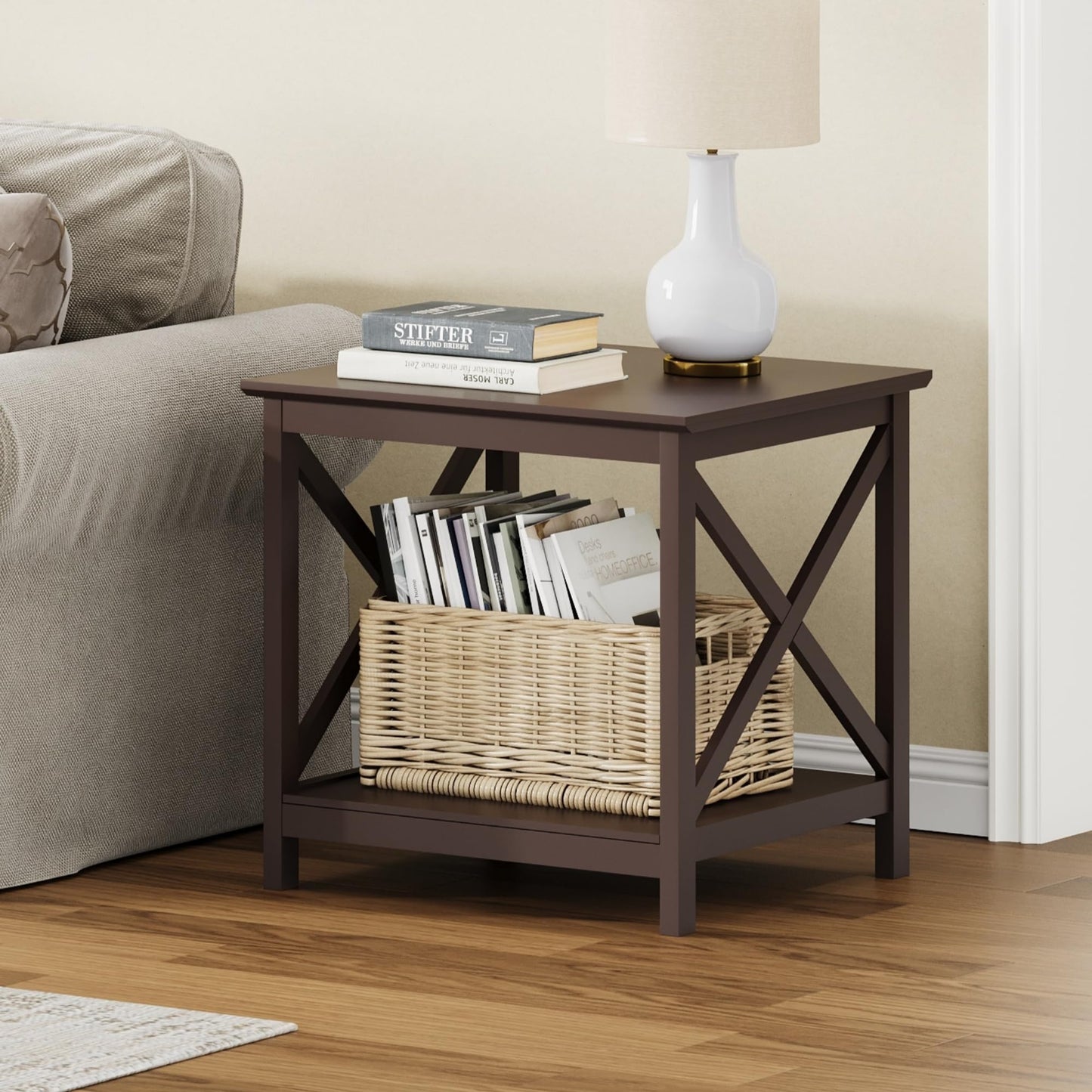 ChooChoo End Table, 24 Inch End Table with 2-Tier Storage Shelf, Side Table for Living Room, Wood Nightstand for Bedroom, Office, Painted Surface, Espresso