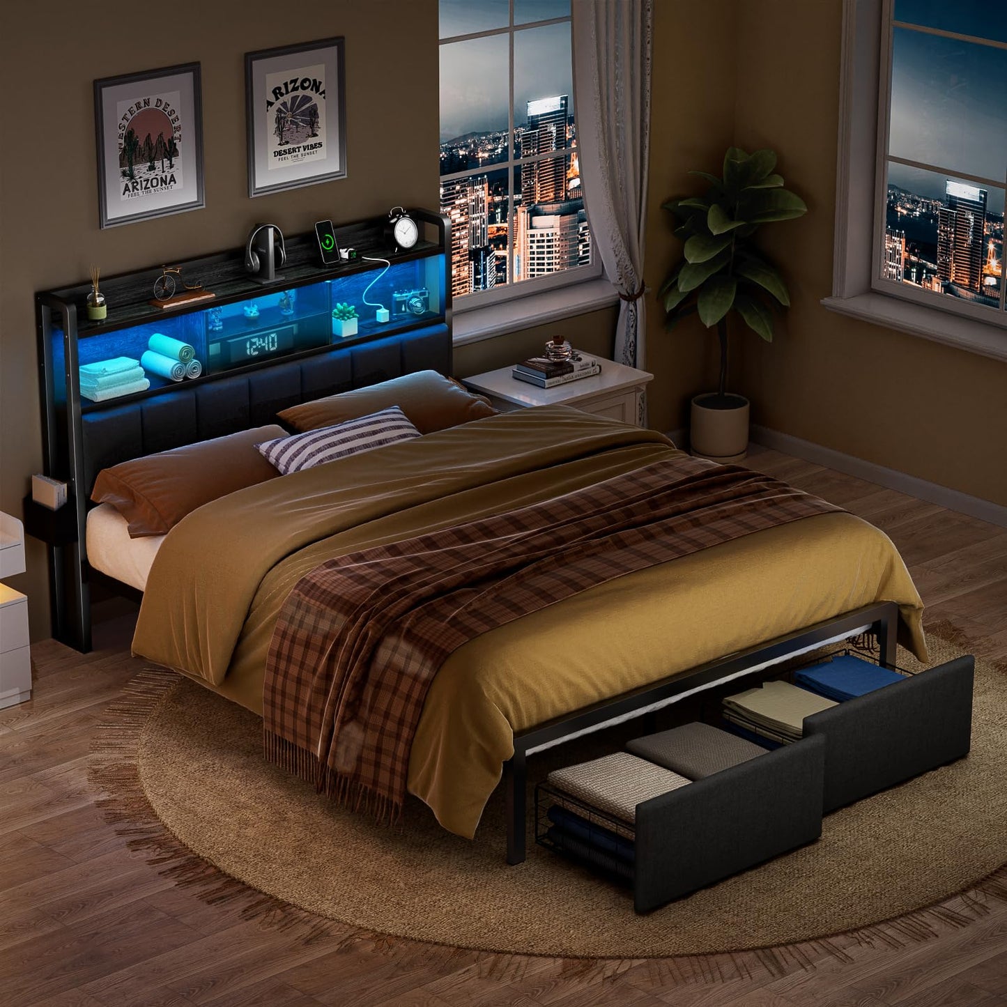 Furnulem Queen Bed Frame with Storage Drawers, Upholstered Headboard with Storage Shelf, LED Lights and Charging Station, Metal Platform Bed Frame Queen Size, Noise Free, No Box Spring Needed, Black