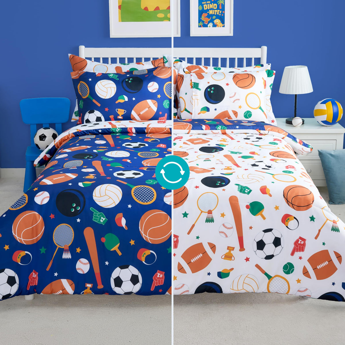 Joiedomi Kid Full Comforter Set 7 Piece Ball Sports Bedding Set for Boys Girls Super Soft Microfiber Bed in a Bag with Comforter Sheets Pillowcase Sham