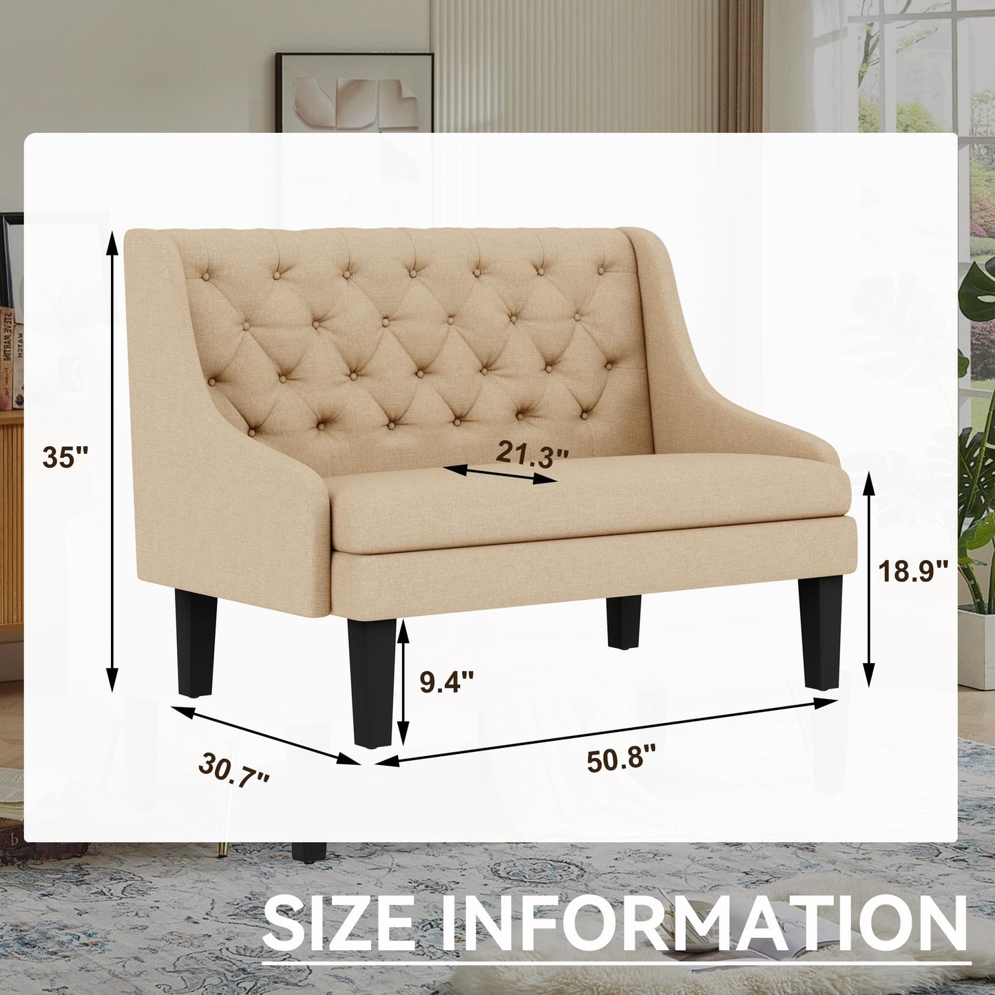 Yongqiang Settee Bench with Back for Dining Room Living Room Entryway Modern Upholstered Banquette Button Tufted Loveseat Sofa Mini Couch with Wood Legs Khaki