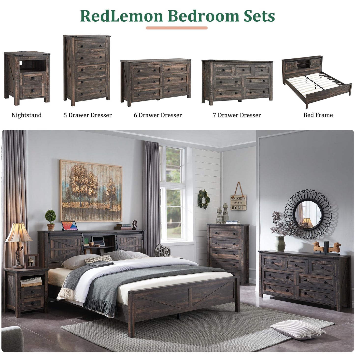 RedLemon Farmhouse King Size Bed Frame with Bookcase Headboard, Sliding Barn Door, Storage Cabinet, Charging Station, Wood Slats Support, No Box Spring Needed, Dark Rustic Oak