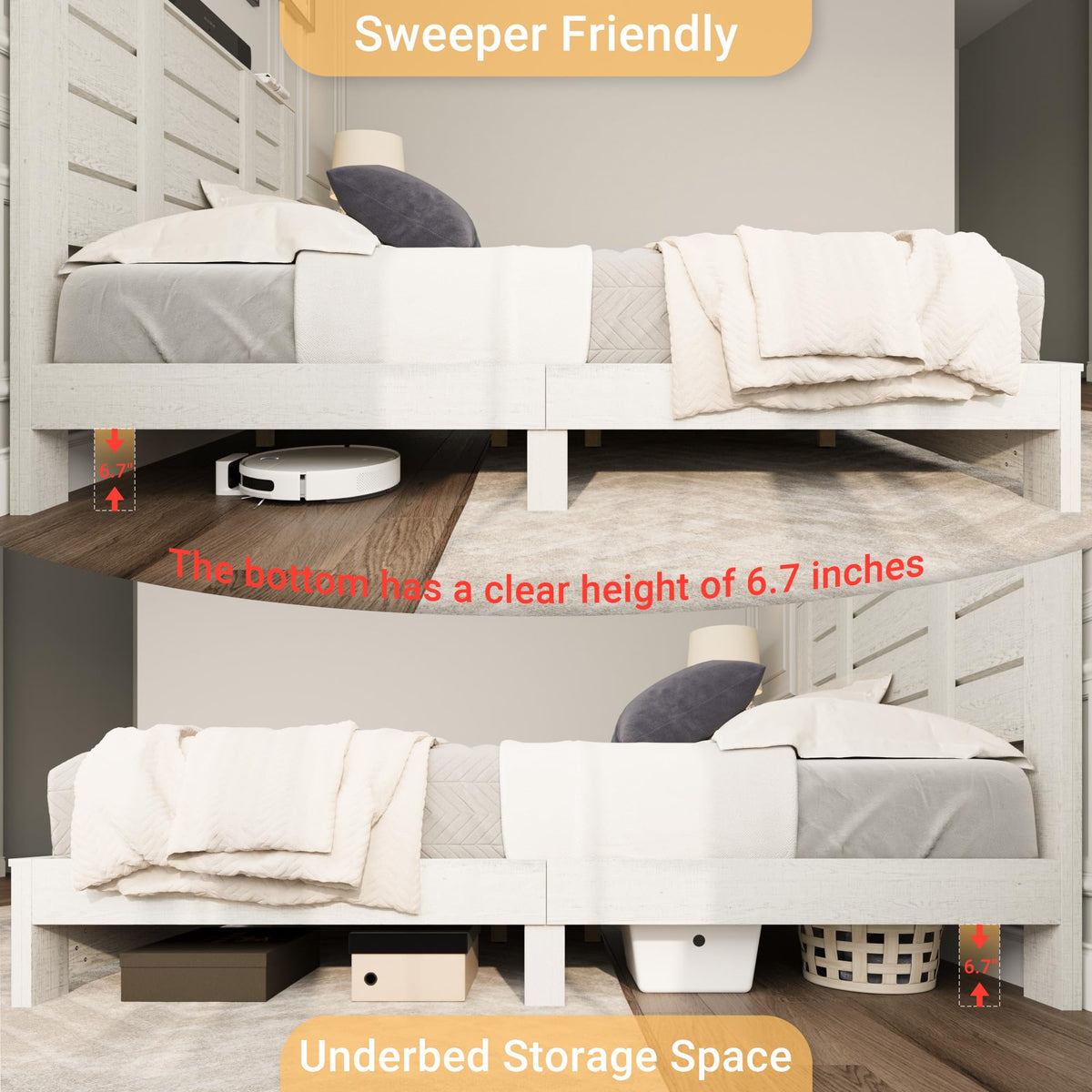Mekminop Queen Size Wood Bed Frame with Tall Headboard & Footboard, Farmhouse Platform Bed with Solid Wood Slats Support, No Squeak, No Box Spring Needed (Beige Wood Grain)