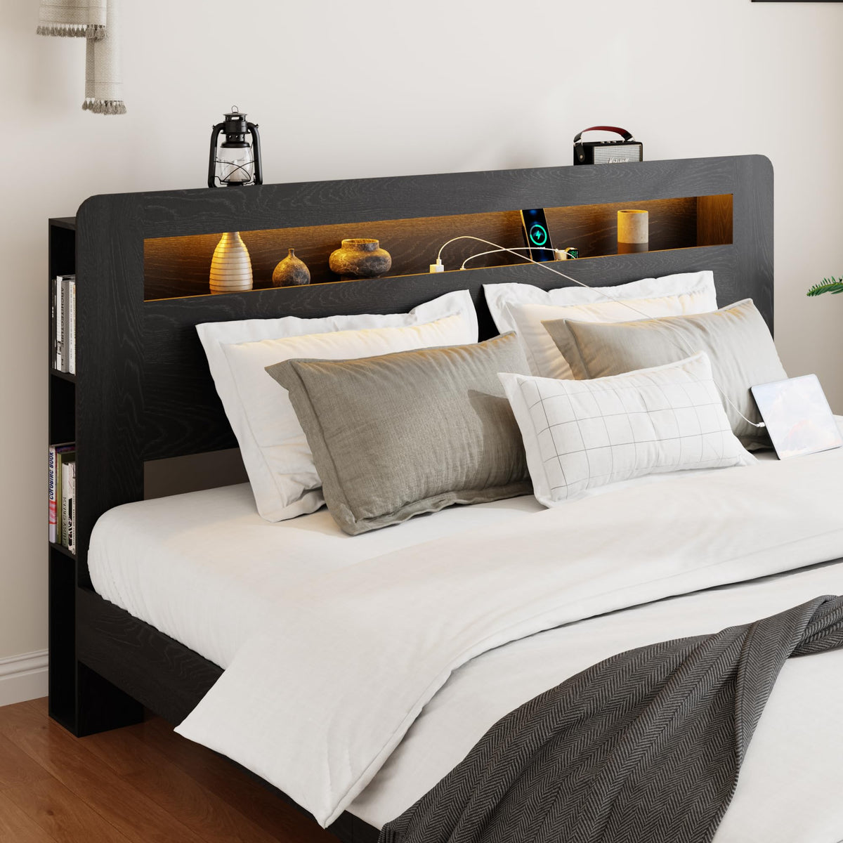 SAMTRA Wooden Bed Frame King Size with Storage Headboard, Farmhouse Platform Bedframe with Bookcase Shelf & Led Lights, Sturdy Wood Slat Framework Bed Frame (Classic Black)