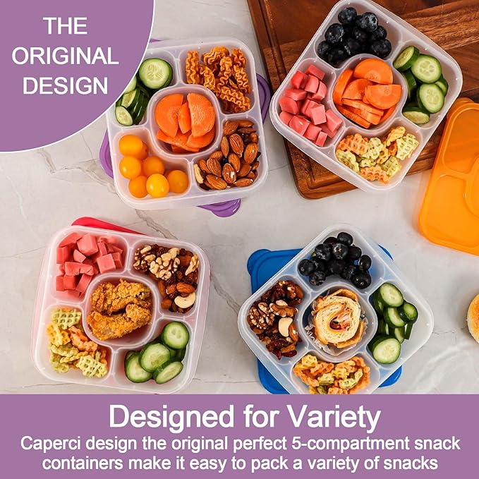 Caperci Original Lunchable Snack Containers - Bento Snack Boxes with 5-Compartment, Reusable Food Containers for School, Work and Travel, BPA-Free, Set of 4 (Classic)