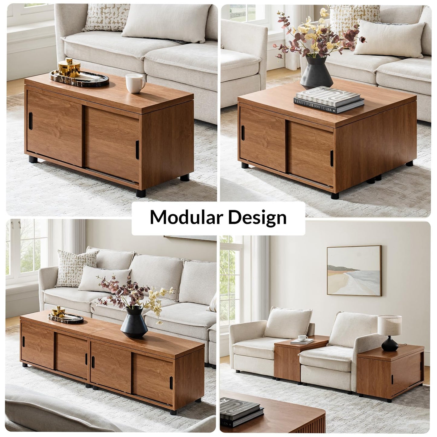 HULALA HOME Coffee Tables Set of 2 with Storage, Modern Sofa Side Tables with Modular Design, Rectangle Wood End Tables with Adjustable Shelves, Acorn